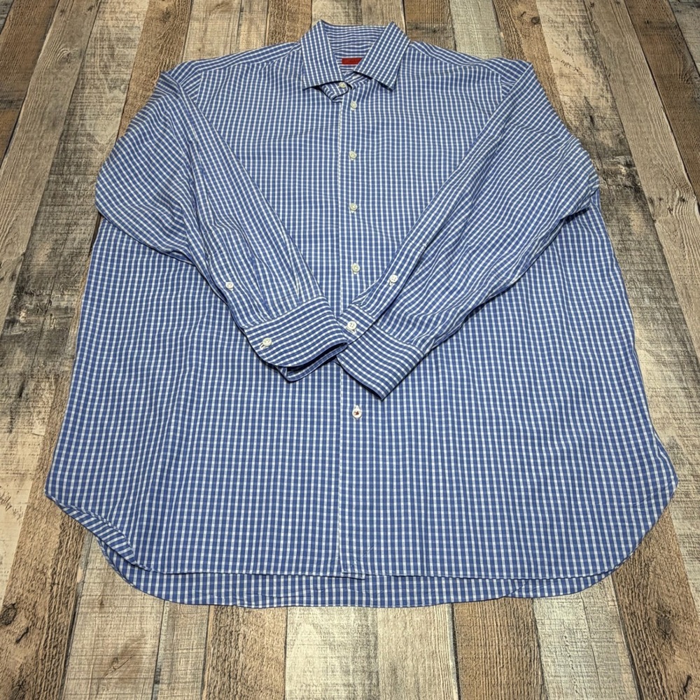 Isaia Napoli Shirt Men XXL Blue Gingham Hand Stitched Bespoke Italian Luxury